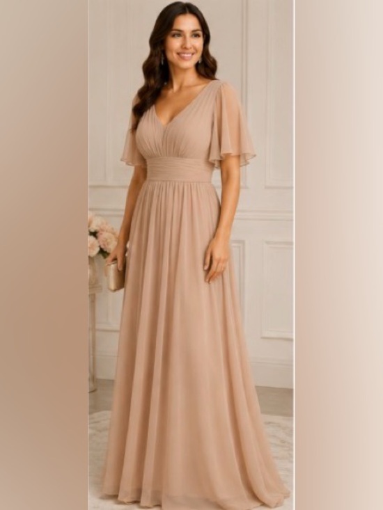 unbranded Dresses & Skirts - Champagne Taupe Chiffon Formal Dress Lace Up Back Flutter Sleeve Maxi Size 14